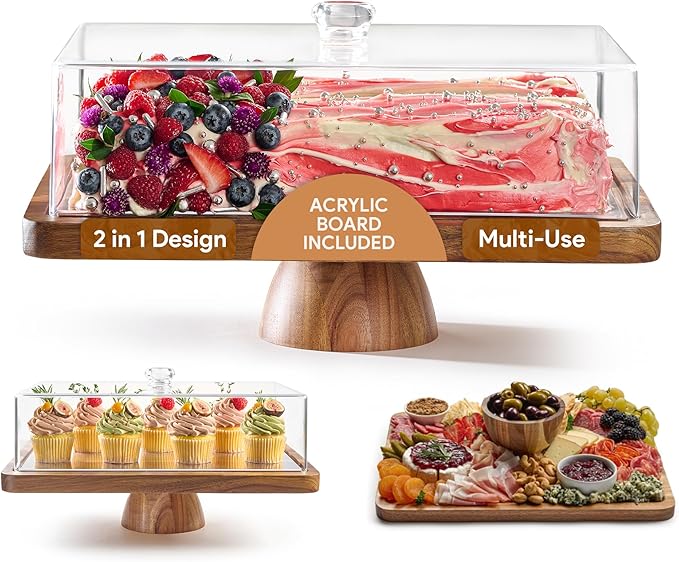 HOMESPHERE Acacia Wood Cake Stand with Lid - Rectangular Cake Holder, 2-in-1 Dessert Table Display Set & Charcuterie Board for Cheese, Chips, Fruit Platter, Large Acrylic Cake Dome Cover, No Glass