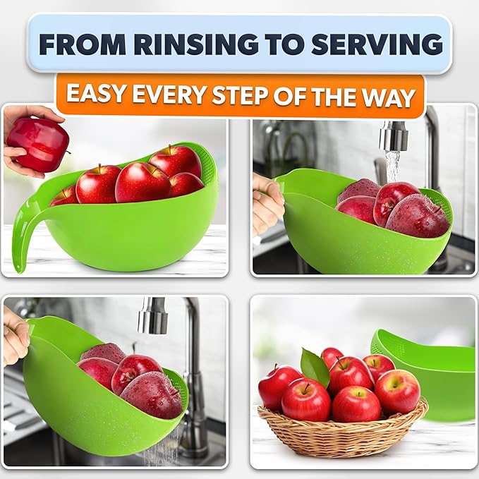 Rice Strainer with Handle - Lightweight Rice Washer Strainer Bowl with Smart Design for Easy Water Draining, Easy to Use & Clean ABS Plastic Colander with Handle for Cereals, Pasta, Vegetables, Fruits