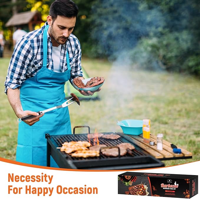 BBQ Accessories Grill Tools Set, Stainless Steel Grill Tools with 2 Squeeze Bottles, BBQ Grill Accessories Grilling Gift for Men & Women, Portable Grill Tools Utensils Kit for Camping, Kitchen