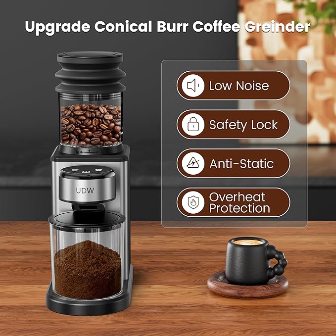 Home Coffee Grinder, Conical Burr Grinder with 25 Settings, 60-Second Timer, Stainless Steel, Anti-Slip Base, Anti-Static, Easy to Clean