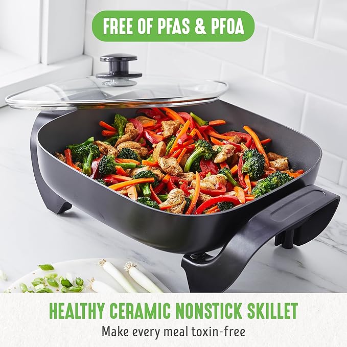 GreenLife 12" 5QT Square Electric Skillet, Glass Vented Lid, Ceramic PFAS-Free Nonstick Coated Interior, Adjustable Temperature Control, Cool Touch Handles, Quick Even Heating, Scratch Resistant,Black