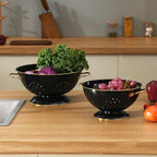 Metal Colander 2 Pack, 3.5 Quart Powder Coated Self-draining Solid Ring Base Metal Large Kitchen Pasta Vegetable Fruit Strainer with Handle (L-BLACK)