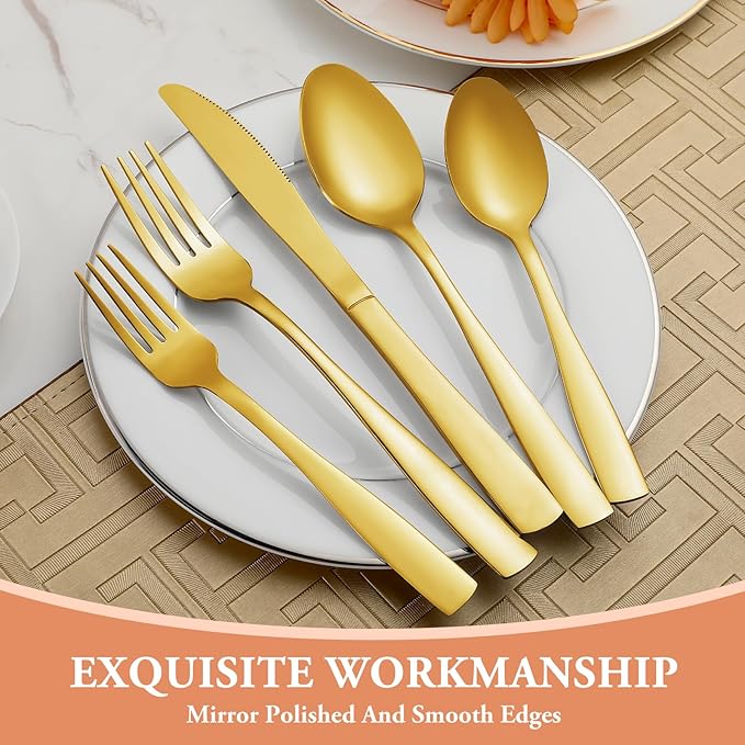 20 Pcs Gold Silverware Set, Stainless Steel Flatware Set for 4, Food-Grade Cutlery Set, Mirror Polished Tableware Eating Utensils Set for Home Kitchen, Include Knife Fork Spoon Set, Dishwasher Safe