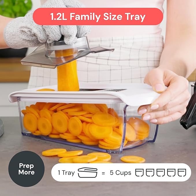 Fullstar Mandoline Slicer for Kitchen, Fruit Cutter, Cheese Grater, Cucumber Slicer, Veggie Spiralizer, Food Cutter & Kitchen Gadgets & Gifts with Safety Glove (6 in 1, Clear)