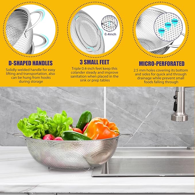 E-far 3QT & 5QT Colander Set of 2, Stainless Steel Micro-Perforated Colander Strainer with Handle for Kitchen/Draining Pasta/Rinsing Vegetables Fruits, Heavy Duty Metal & Dishwasher Safe