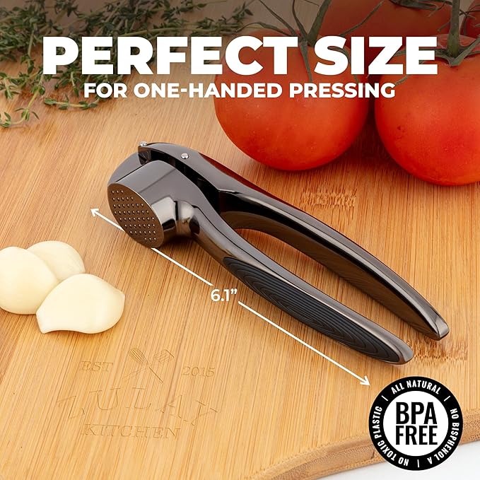 Zulay Kitchen Premium Garlic Press Set – Rust Proof & Dishwasher Safe Garlic Mincer Tool with Silicone Garlic Peeler & Brush, Easy Squeeze & Clean, Ergonomic Soft Grip Handle - Medium – Dark Gray