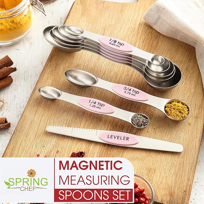 Spring Chef Stainless Steel Magnetic Measuring Spoons Set of 8 with Leveler, Dual Sided Teaspoon & Tablespoon Measuring Spoons with Strong Magnets, Kitchen Gadgets for Baking & Cooking - Pink Lemonade