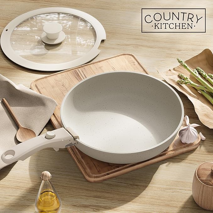 Country Kitchen Cookware Set with Removable Handle, Oven & RV Safe Pots and Pans Set, Cream, Original