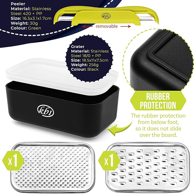 Cheese Grater with Container and Lid & Peeler Set - Vegetable Fruit Multi-Function Stainless Steel Kitchen Utensil Kit with Black Food Plastic Storage Stable Box - Hand Chopper Graters & Peelers