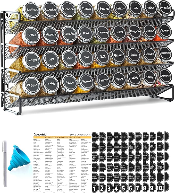 SpaceAid Spice Rack Organizer with 36 Spice Jars, 386 Spice Labels, Chalk Marker and Funnel Set for Cabinet, Countertop, Pantry, Cupboard or Door & Wall Mount - 36 Jars, 17.2" W × 10.8" H, Black