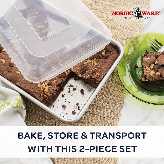 Nordic Ware Natural Aluminum Commercial Cake Pan with Lid, Rectangle Pan with Lid Silver, 9 x 13