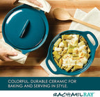 Rachael Ray Solid Glaze Ceramics Casserole Bakeware/Baker Set with Shared Lid, 3 Piece, Teal