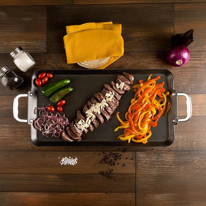 Vasconia Durable Double Burner Griddle (20″ x 11″) 100% Pure Aluminum with Nonstick - NSF Certified - for Frying, Searing, Grilling, Browning, Ideal for Home & Commercial Kitchen - Pack of 1