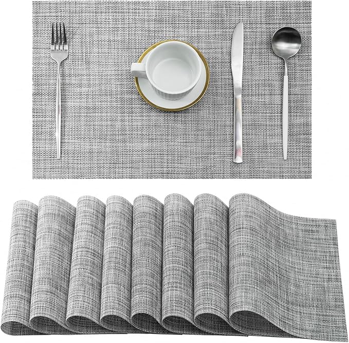 Leetaltree Linen Grey Placemats Set of 8 - Heat Resistant Non-Slip Place mats for Dining Table, Washable Durable PVC Vinyl Woven Table Mats（Linen Grey, 8）
