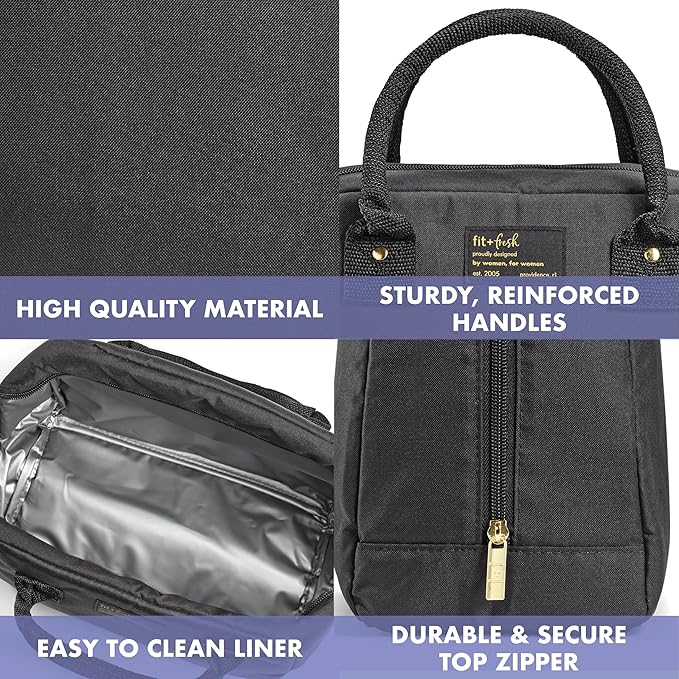 Fit & Fresh Lunch Bag For Women, Insulated Womens Lunch Bag For Work, Leakproof & Stain-Resistant Large Lunch Box For Women With Containers, Zipper Closure Bloomington Bag, Black