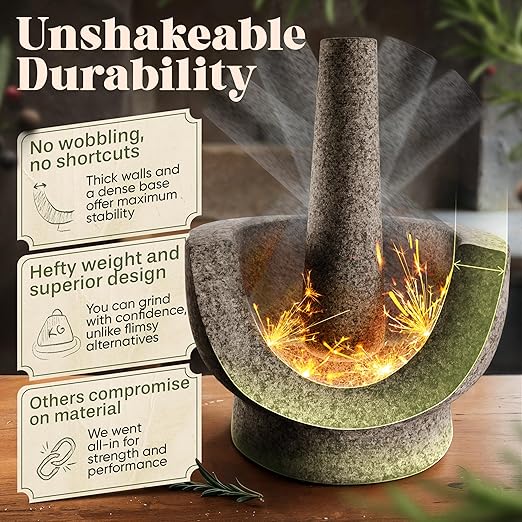 ChefSofi Mortar and Pestle Set - Black Polished Exterior - 3.5 Cup Capacity