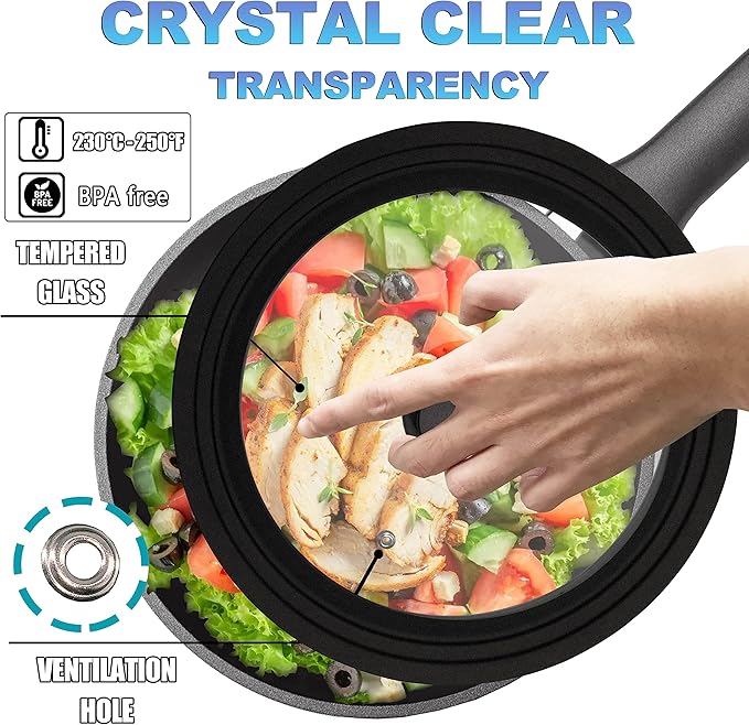 Lerykin Tempered Glass Lid Set of 2 - Universal Lids with Heat Resistant Silicone Rim for Pots, Pans and Skillets - Pan Cover Replacement Lids Fit 7", 8" & 9" and 10", 11" & 12" Diameter Cookware