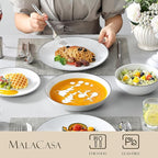 MALACASA 24-Piece Gourmet Porcelain Dinnerware Sets, Modern White with Black Rim Round Dish Set for 6 - Premium Serving Plates and Bowls Sets for Dessert, Salad, Soup, Pasta - Series AMELIA