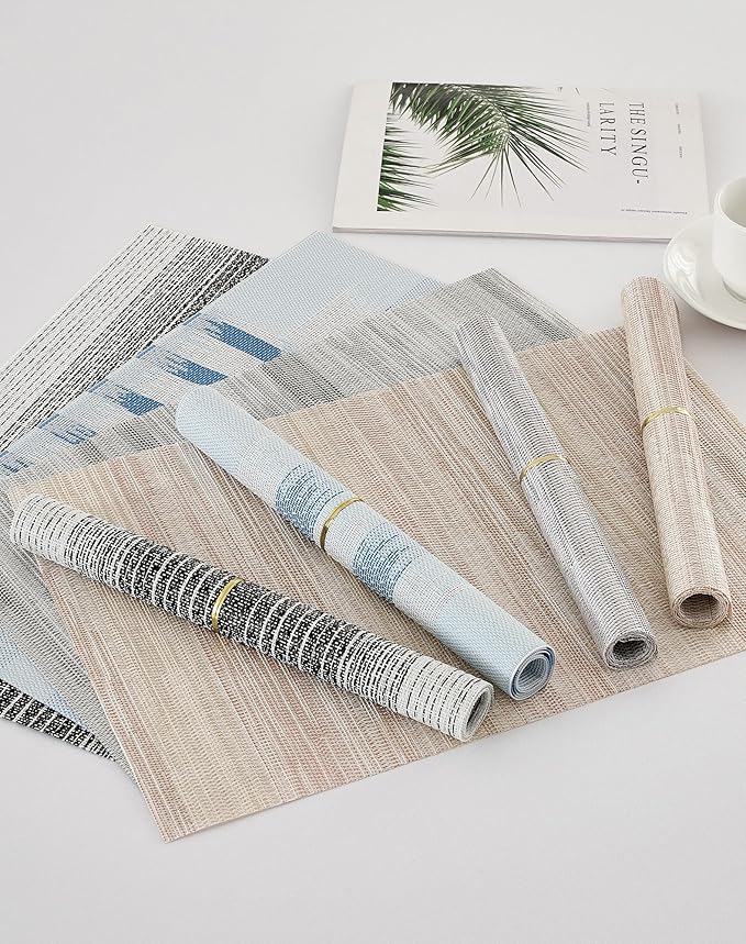 Leetaltree Geometric Print Blue Placemats Set of 12 - Heat Resistant Non-Slip Place mats for Dining Table, Washable Durable PVC Vinyl Woven Table Mats (Geometric Blue, 12)