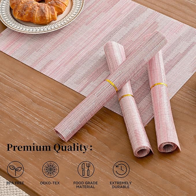 Leetaltree Misty Rose Placemats Set of 6 - Heat Resistant Non-Slip Place mats for Dining Table, Washable Durable PVC Vinyl Woven Table Mats（Misty Rose, 6）