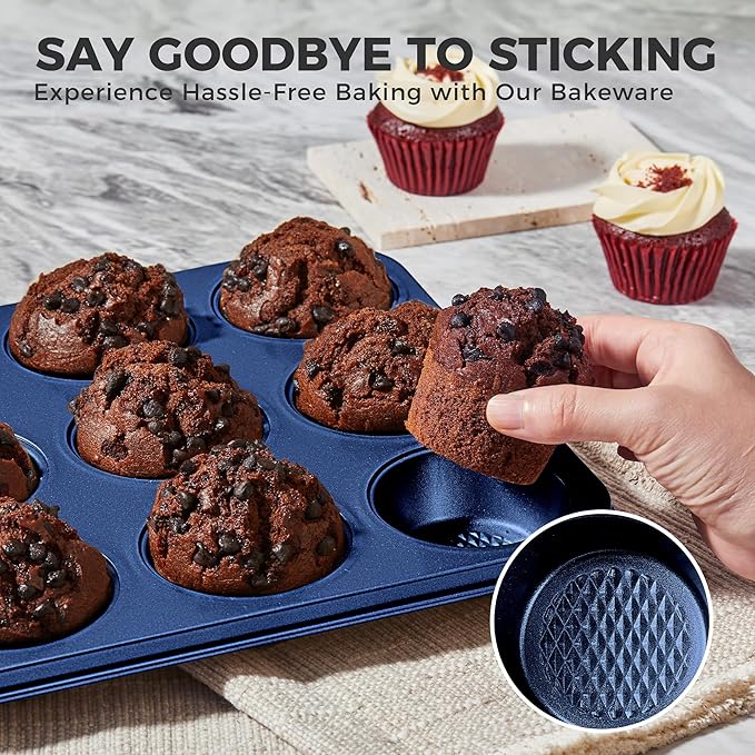 HONGBAKE 9-Piece Baking Pans Set Nonstick, Stackable Non Toxic Bakeware Sets with Diamond Texture, Oven Pan Set for Cooking, Includes Cookie Sheet with Rack, Cake Pan, Roasting Pan, Muffin Tin, Blue