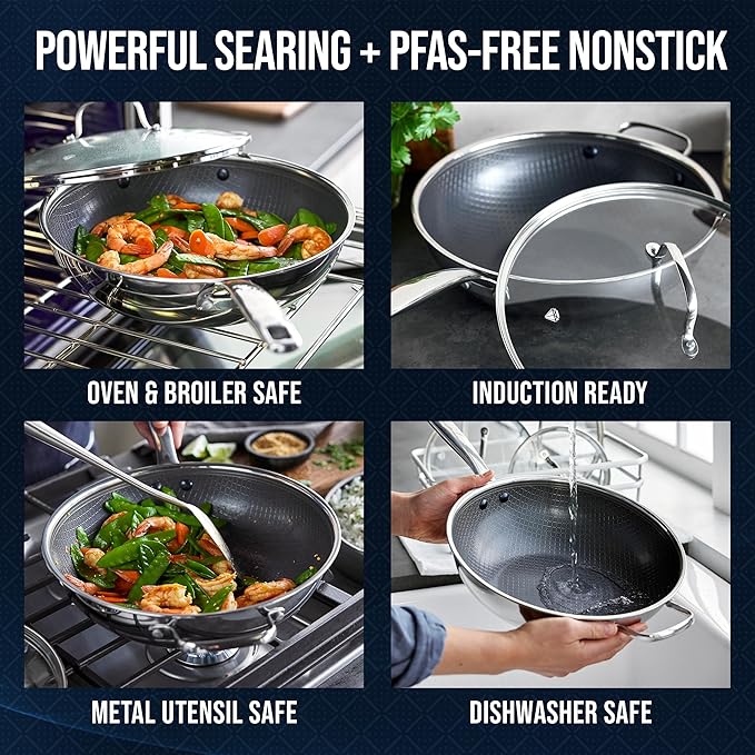 Blue Diamond Hybrid Nonstick Stainless Steel 12” Wok with Lid, PFAS-Free Ceramic Diamond Bond Stir-Fry Pan, Induction Ready, Dishwasher & Oven Safe, Metal Utensil Safe, Stay-Cool Handle, Silver
