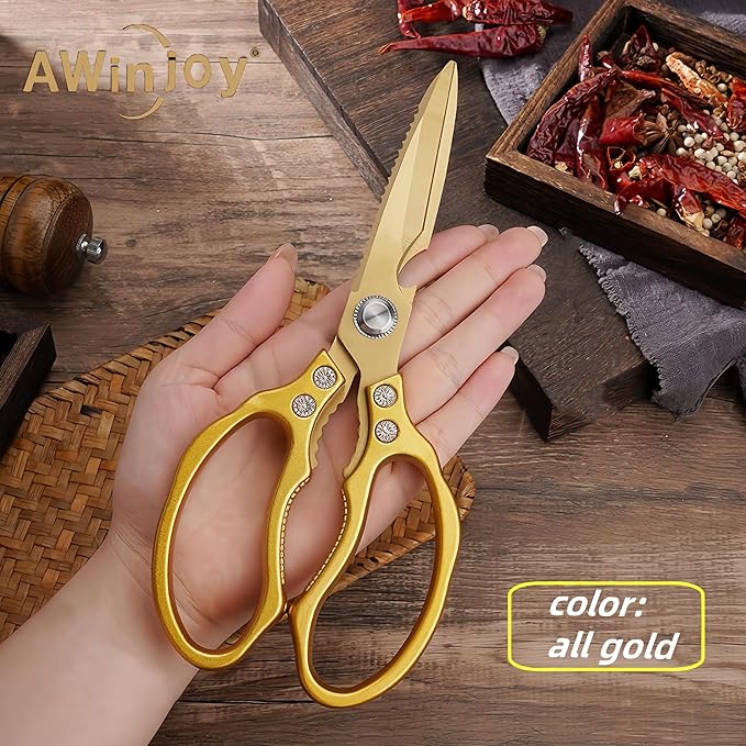 AWinjoy Japanese Gold Kitchen Scissors, Heavy Duty Stainless Steel, Multipurpose Cooking Shears, Dishwasher Safe