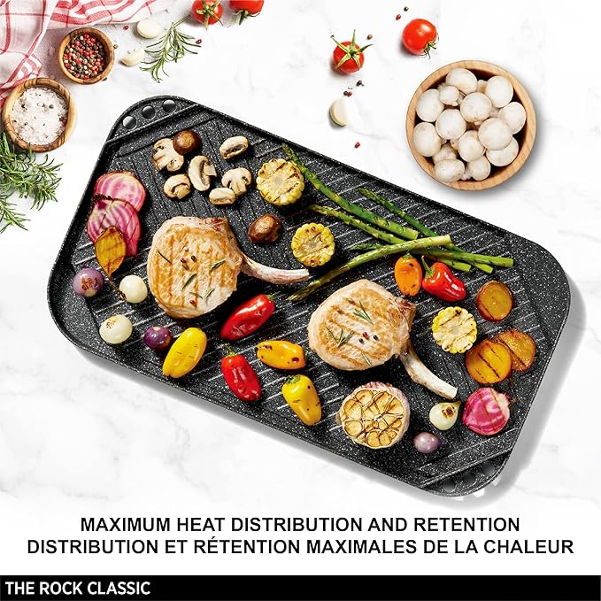 Starfrit The Rock 19.7'' x 11'' (50x28cm) Non-Stick Reversible Grill & Griddle - Durable Forged Aluminum - Oven Safe - PFOA Free - Easy to Clean - Black