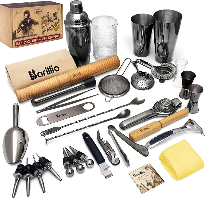 Barillio Bar Tool Set Pro Edition - Black Stainless-Steel Cocktail Shaker Set - Mixology Bartender Kit w/Boston Shaker, Drink Mixer & Muddler for Cocktails - Home Bar Accessories - 32-Pc Bar kit