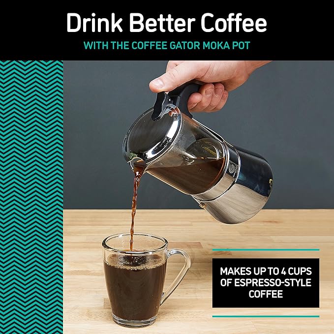 Coffee Gator 4 Cup Moka Pot, 6.7oz Stovetop Espresso Maker for Italian Coffee, Transparent Glass & Stainless Steel Design, Silver, 200ml