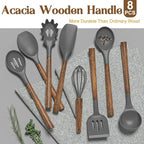Umite Chef Silicone Cooking Utensil Set, 8-Piece Kitchen Utensils Set with Natural Acacia Wooden Handles,Food-Grade-Silicone Kitchen Gadgets and Spatula Set for Nonstick Cookware - Grey