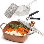 Moss & Stone 5 Pcs Copper Chef Cookware Non Stick Deep Frying Pan, Fry Basket, Steamer Rack, Dishwasher & Oven Safe, 5 Qt Deep Square Pan, Induction Copper Cookware Set - 9.5" x 3.5"