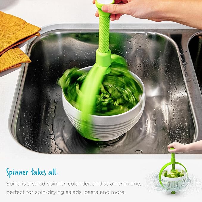 Dreamfarm Spina 2-In-1 Easy-To-Use, Collapsible Salad Spinner & Straining Colander for Salad, Fruit, Vegetable, Lettuce - White/Green