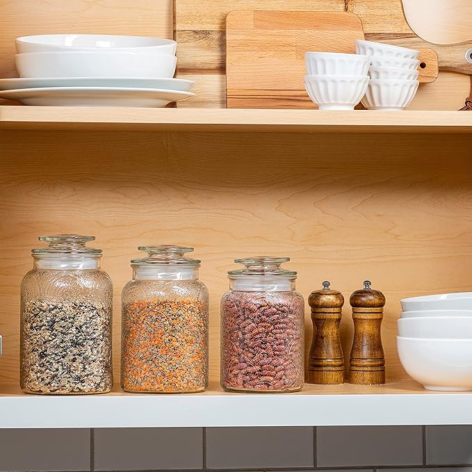 Le'raze Food Storage Containers with Airtight Lids - Retro Design - Pantry Organization, Glass Canisters Storage for Cookies, Tea, Sugar, Candy Jars, Sugar Packet, Set of 3