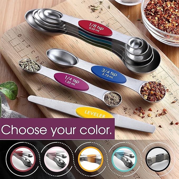 Spring Chef Stainless Steel Magnetic Measuring Spoons Set with Strong Magnets, Heavy Duty Metal Kitchen Essentials - Fits in Most Kitchen Spice Jars, Multicolor, Set of 8 with Leveler