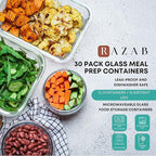 Razab 30 PC Glass Food Storage Containers with Lids - Reusable Glass Meal Prep Containers for Lunch & Leftovers - Airtight & Leakproof Snap Locking Lids - Oven, Freezer, Microwave & Dishwasher Safe