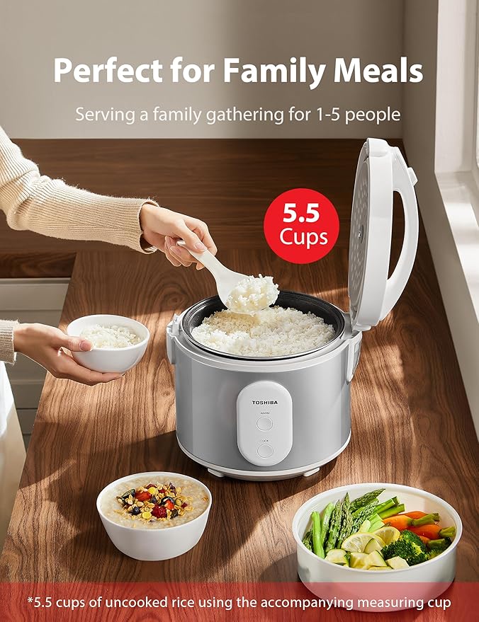 TOSHIBA Rice Cooker & Steamer Simple 5.5 Cup(Uncooked) with Steaming Basket, Removable Non-Stick Inner Pot & Inner Lid, for Soups, Stews, Grains&Oatmeal, One Touch&Keep Warm Function, Silvery White