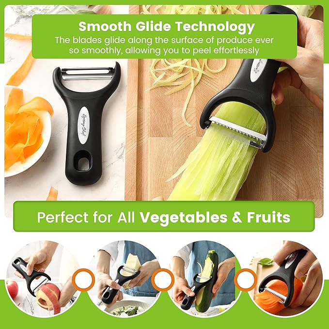 Spring Chef Premium Y & Vegetable Julienne Peeler Set for Kitchen with Stainless Steel Sharp Blades - Carrot Peelers with Comfortable Handles - Perfect for Zucchini, Cucumber, Papaya, Potato - Black