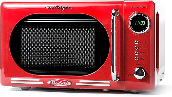 Nostalgia Retro Compact Countertop Microwave Oven - 0.7 Cu. Ft. - 700-Watts with LED Digital Display - Child Lock - Easy Clean Interior - Red