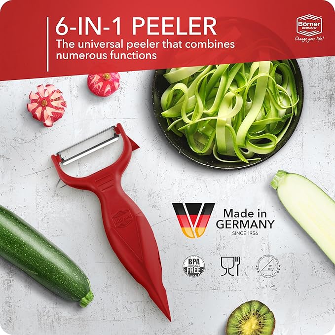 Börner Vegetable Peeler (6-in-1) • Garnishing Peeler with Grater • Multifunctional Peeler for Fruits & Vegetables • Fruit Peeler, Universal Peeler, Potato Peeler • Color: Red