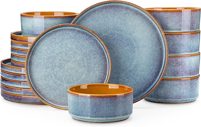 vancasso ONION Ceramic Plates and Bowls Sets, 18 Pieces Blue Dinnerware Sets for Kitchen, Reactive Glaze Dishes Set for 6, Dishwasher and Microwave Safe