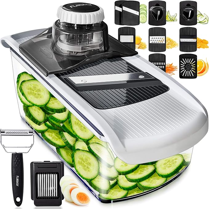 Fullstar Mandoline Slicer for Kitchen, Fruit Cutter, Cheese Grater, Cucumber Slicer, Veggie Spiralizer, Food Cutter & Kitchen Gadgets & Gifts with Safety Glove (11 in 1, White)