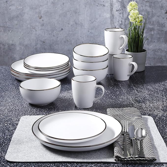 Gibson Home Rockaway Round Stoneware Dinnerware Set, Service for 4 (16pcs), Matte White/Metallic Rim
