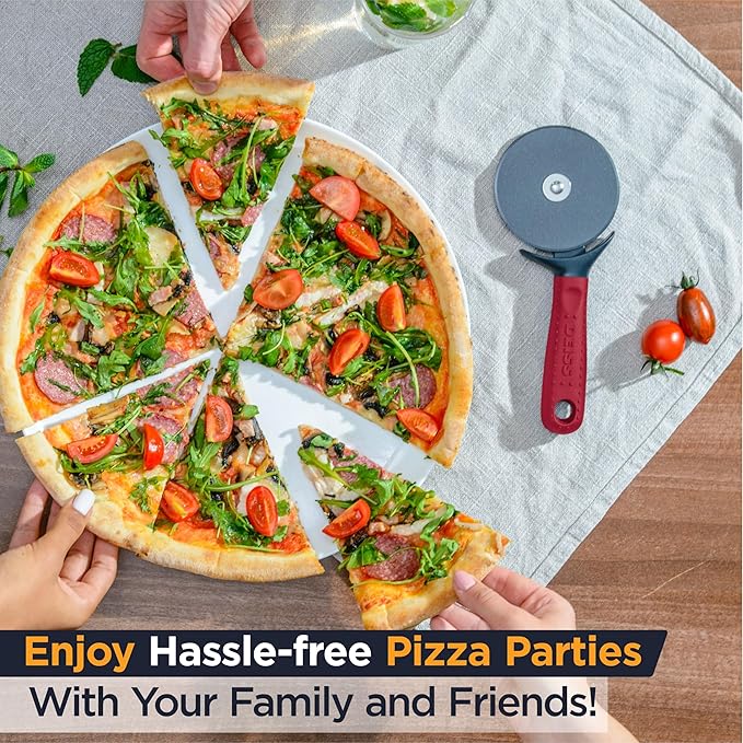 Deiss Lux Heavy Duty Pizza Cutter With Wheel Slicer- Stainless Steel Sharp Smooth Pizza Cutter Wheel With Easy Grip Non-Slip Handle, Dishwasher Safe (RED)