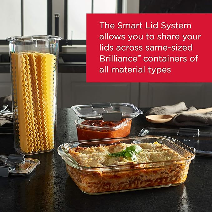 Rubbermaid Brilliance Glass Food Storage set of 4 containers 8 total pieces (4 containers + 4 lids) for Lunch Meal Prep and Leftovers Dishwasher and Oven Safe Clear/Grey