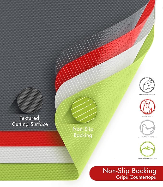 Dexas Heavy Duty Cutting Board Grippmat, Flexible Cutting Boards for Kitchen, Set of 4, Non Slip Plastic Board Cutting Mat 11.5 by 14 Inches Gray, Red, White and Green Set, Kitchen Gadgets