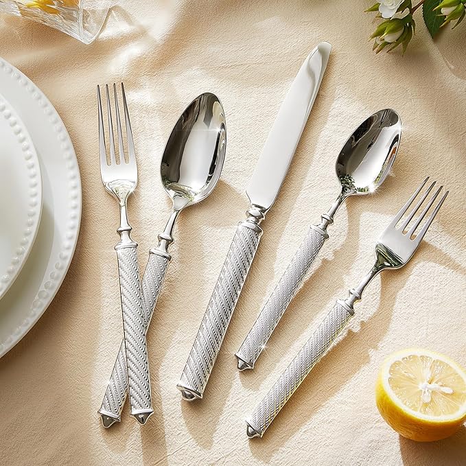 KINGSTONE Retro Rope-Pattern Silverware Set, 60-Piece Flatware Set Cutlery Set Forged with Handcrafted Texture Handles 18/10 Stainless Steel, Dishwasher Safe
