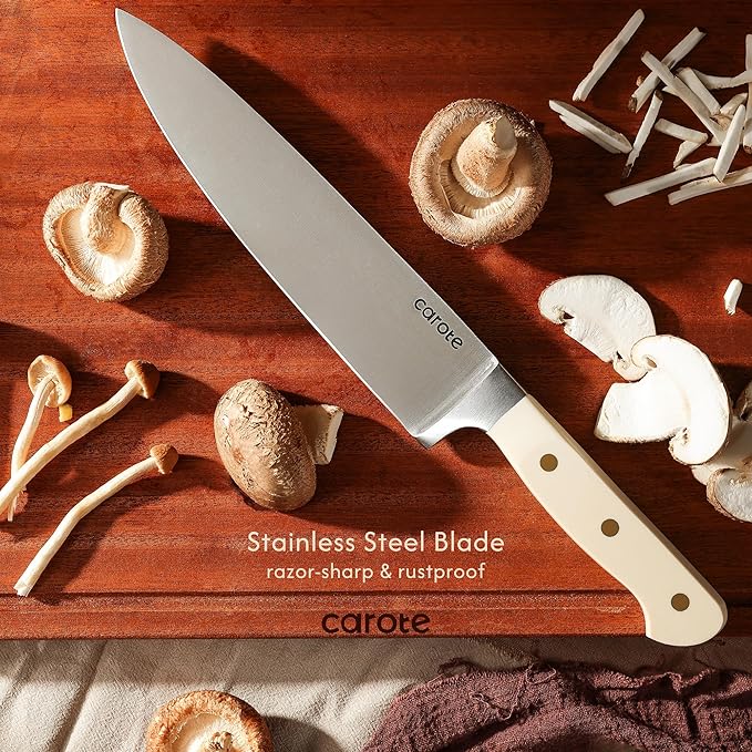 CAROTE 11 Pieces Knife Set with Block for kitchen, Stainless Steel Razor-Sharp Blade, Triple Riveted Ergonomic Handle, Wooden Magnetic Block, Essential Knife Block Set, Beige