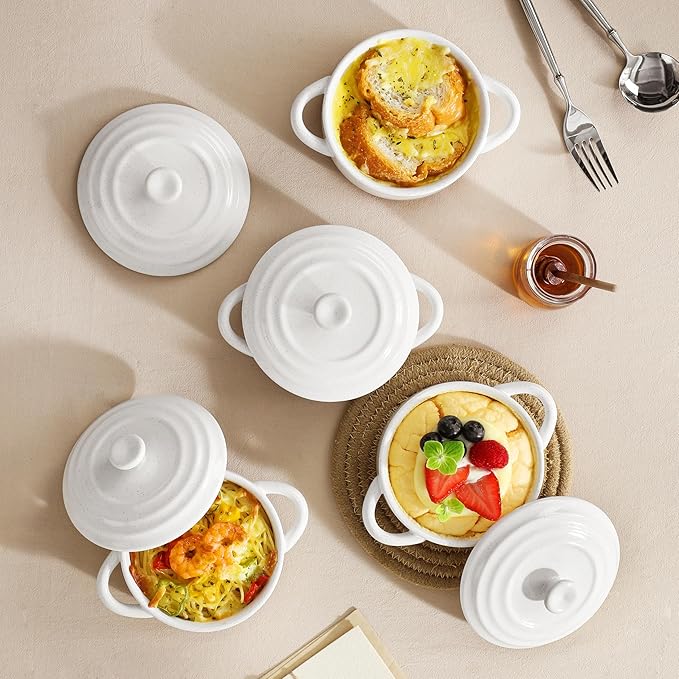 MALACASA Mini Cocotte Set - 12 OZ Small Casserole Dishes for Oven, Ramekins with Lids and Handles, Ceramic Mini Dutch Oven Set of 4, Microwave & Dishwasher Safe, Khaki White, Series TARA