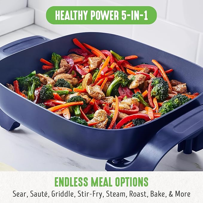 GreenLife 12" 5QT Square Electric Skillet, Glass Vented Lid, Ceramic PFAS-Free Nonstick Coated Interior, Adjustable Temperature Control, Cool Touch Handles, Quick Even Heating, Scratch Resistant, Blue
